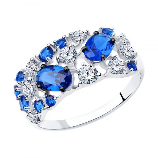 Кольцо из серебра с бесцветными и синими фианитами