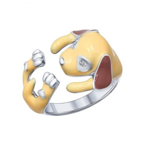Кольцо "Собачка" из серебра с эмалью и фианитами