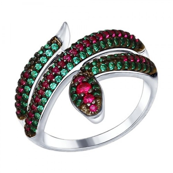 Кольцо из серебра с зелеными и красными фианитами "Змейка"