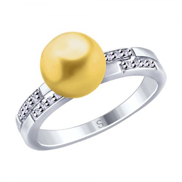 Кольцо из серебра с жёлтым жемчугом Swarovski (синт.) и фианитами