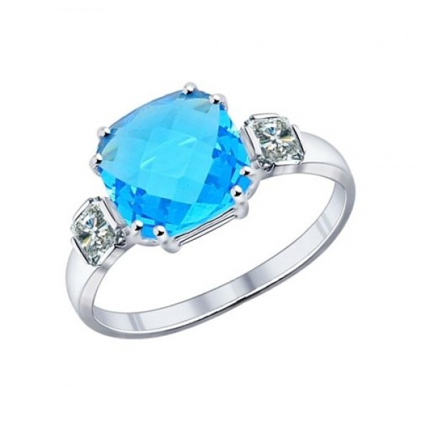 Кольцо из серебра с голубой стеклянной вставкой и фианитами