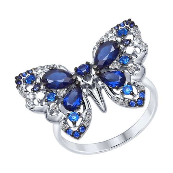 Кольцо "Бабочка" из серебра с бесцветными и синими фианитами