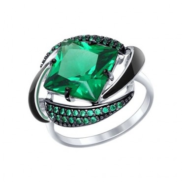 Кольцо из серебра с эмалью с зелёным ситаллом (синт.) и зелеными фианитами