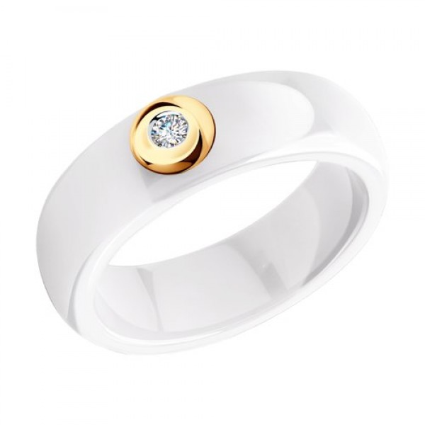 Кольцо из белой керамики с бриллиантом и золотом