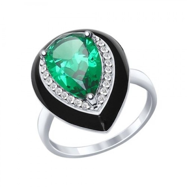 Кольцо из серебра с эмалью с зелёным ситаллом (синт.) и фианитами